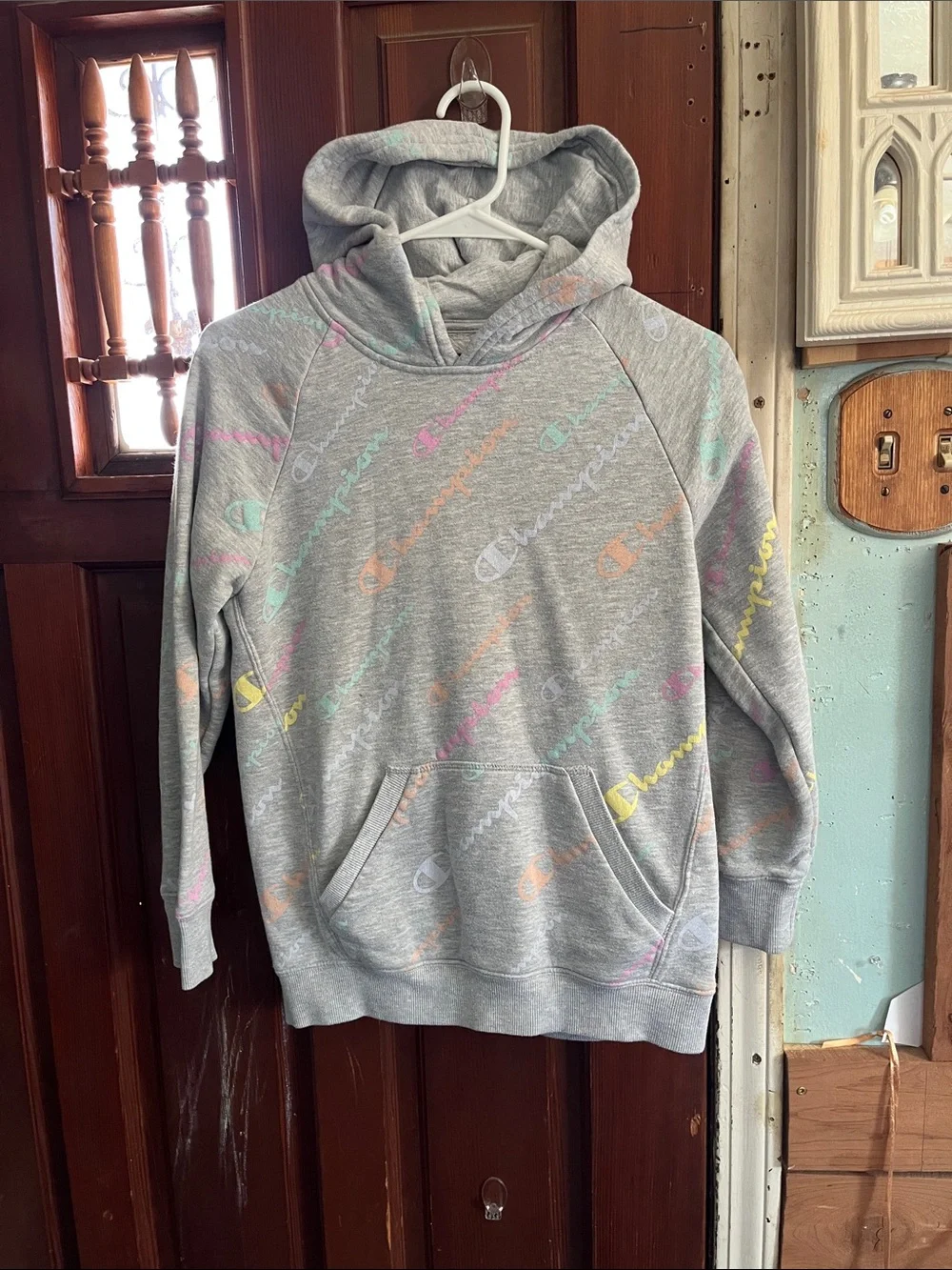 Champion Gray Hoodie with Pastel Logo Accents